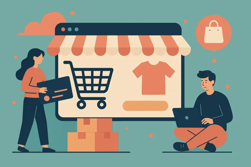 Illustration d’un site e-commerce moderne avec interface produit, panier et utilisateurs
