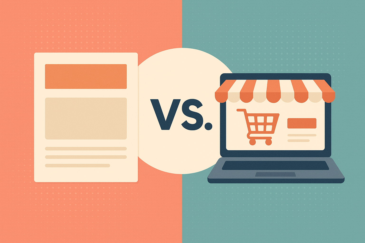 Illustration comparant un site vitrine et une boutique en ligne, avec à gauche une page web de présentation et à droite un écran d’ordinateur affichant un panier d’achat.