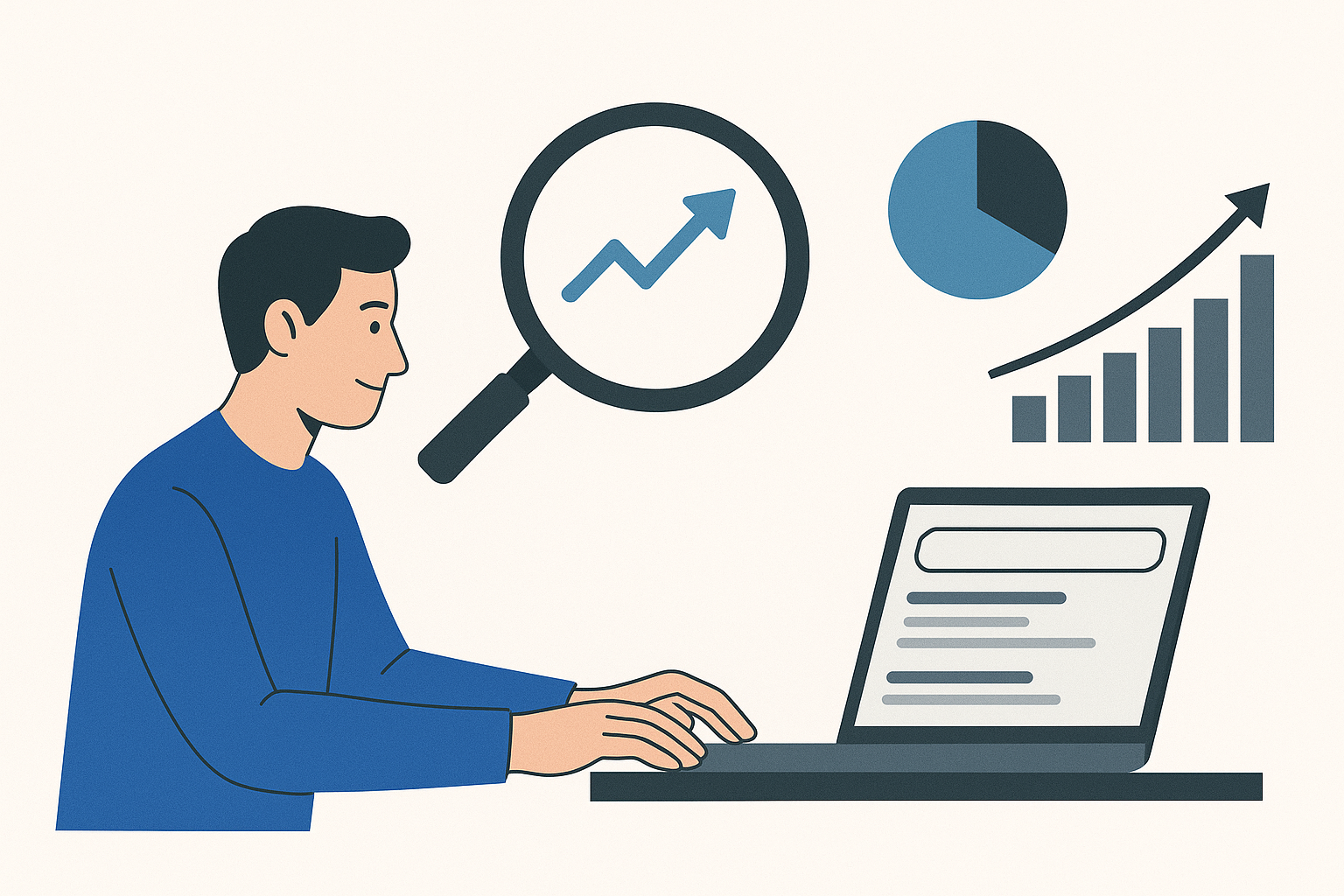 Illustration SEO avec ordinateur, loupe et graphiques de croissance